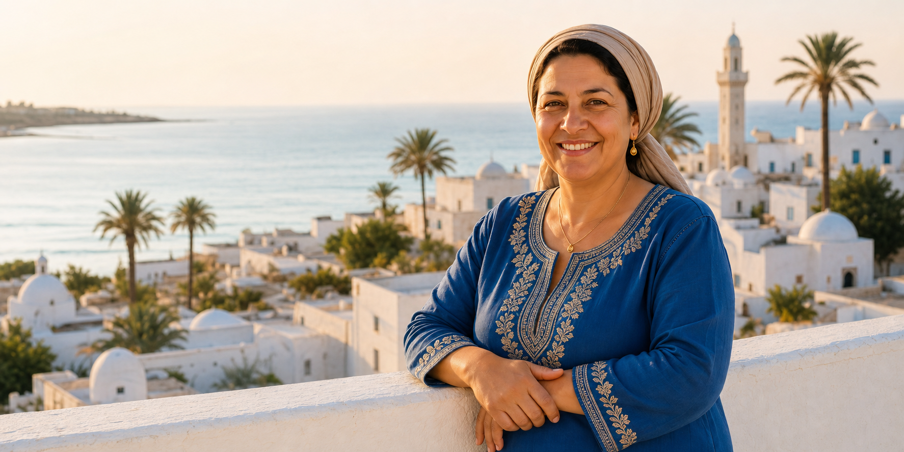 Samya on a Djerba rooftop terrace